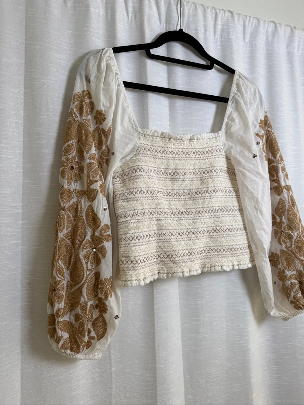 Anthropologie Embroidered Smocked Puff Sleeve Top Ivory | Size XS